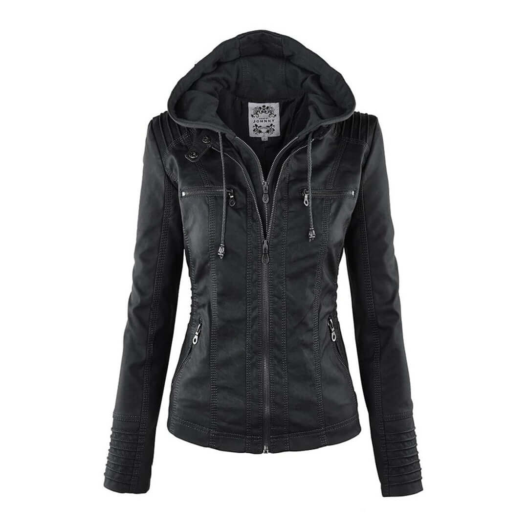 Stylische Damen-Lederjacke mit Kapuze