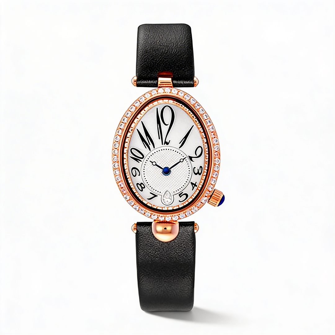 Elegant women's watch with an oval dial & brown leather strap. Quartz movement, water-resistant everyday fashion accessory.