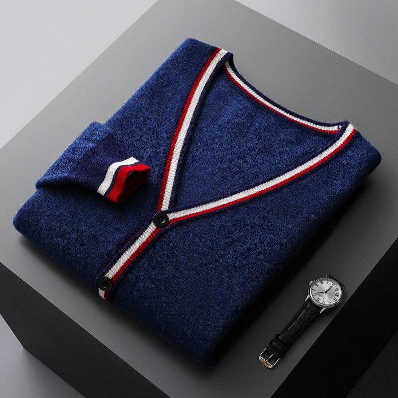 Men's stylish deep blue & cream white striped V-neck button-down cardigan, comfortable knitwear for casual wear.