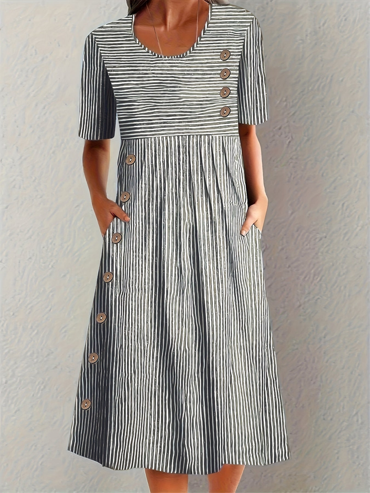 Stylish short sleeve striped midi dress for women, featuring a round neck & decorative buttons for a casual look.