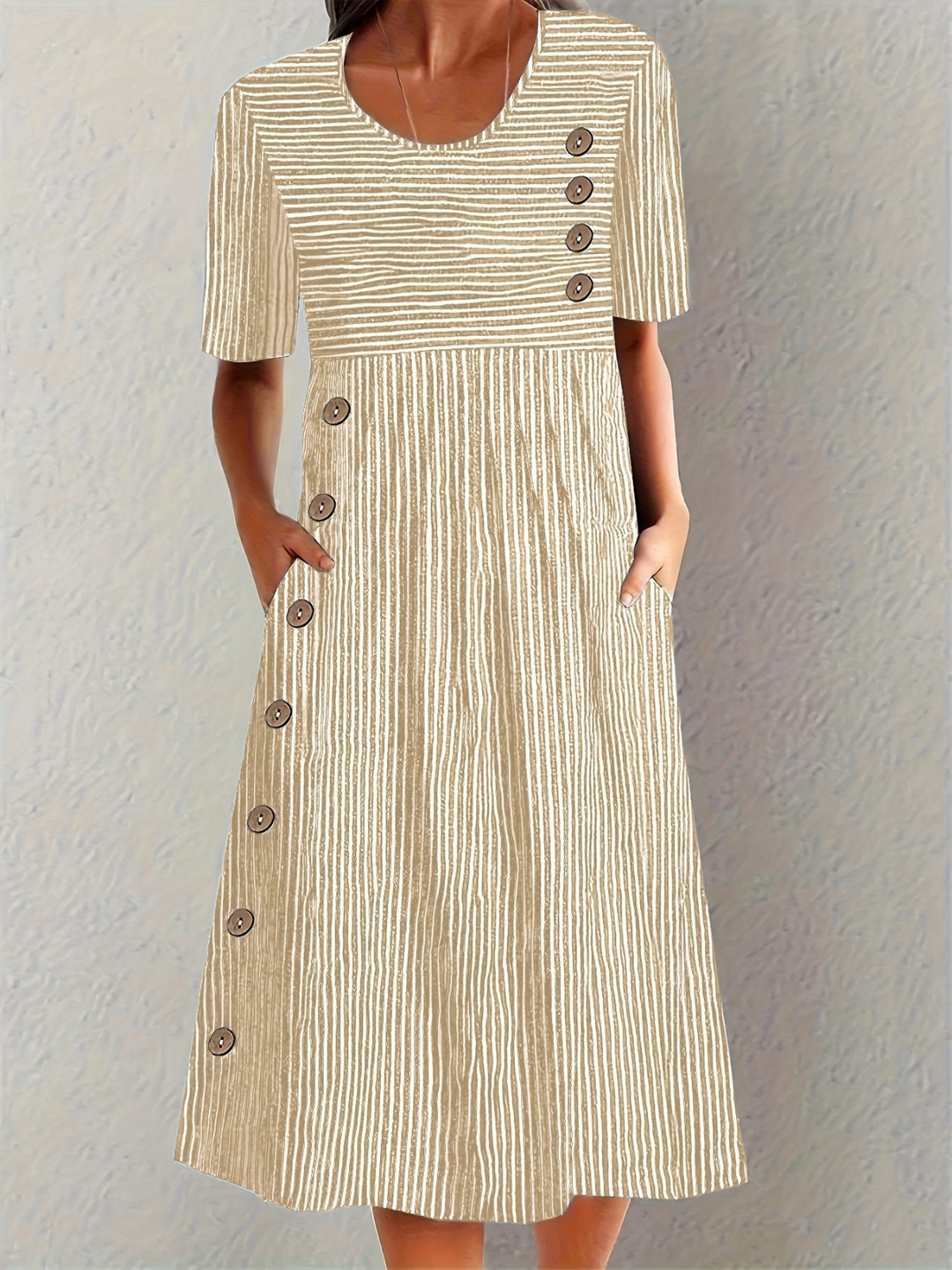 Comfortable women's button-detail striped midi dress, a versatile casual summer dress with a flattering silhouette.