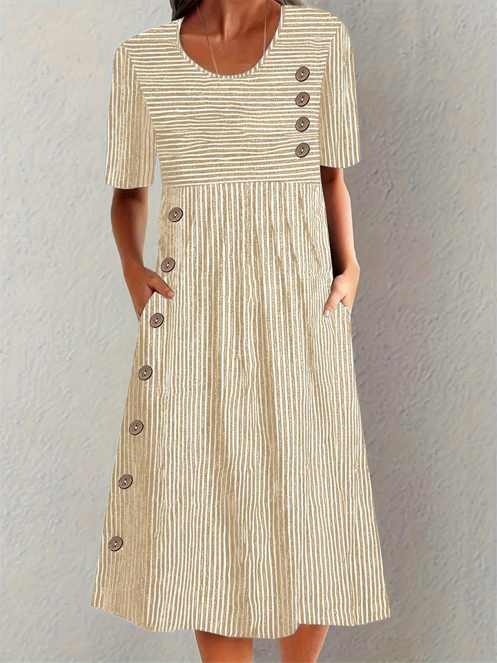 Comfortable women's button-detail striped midi dress, a versatile casual summer dress with a flattering silhouette.