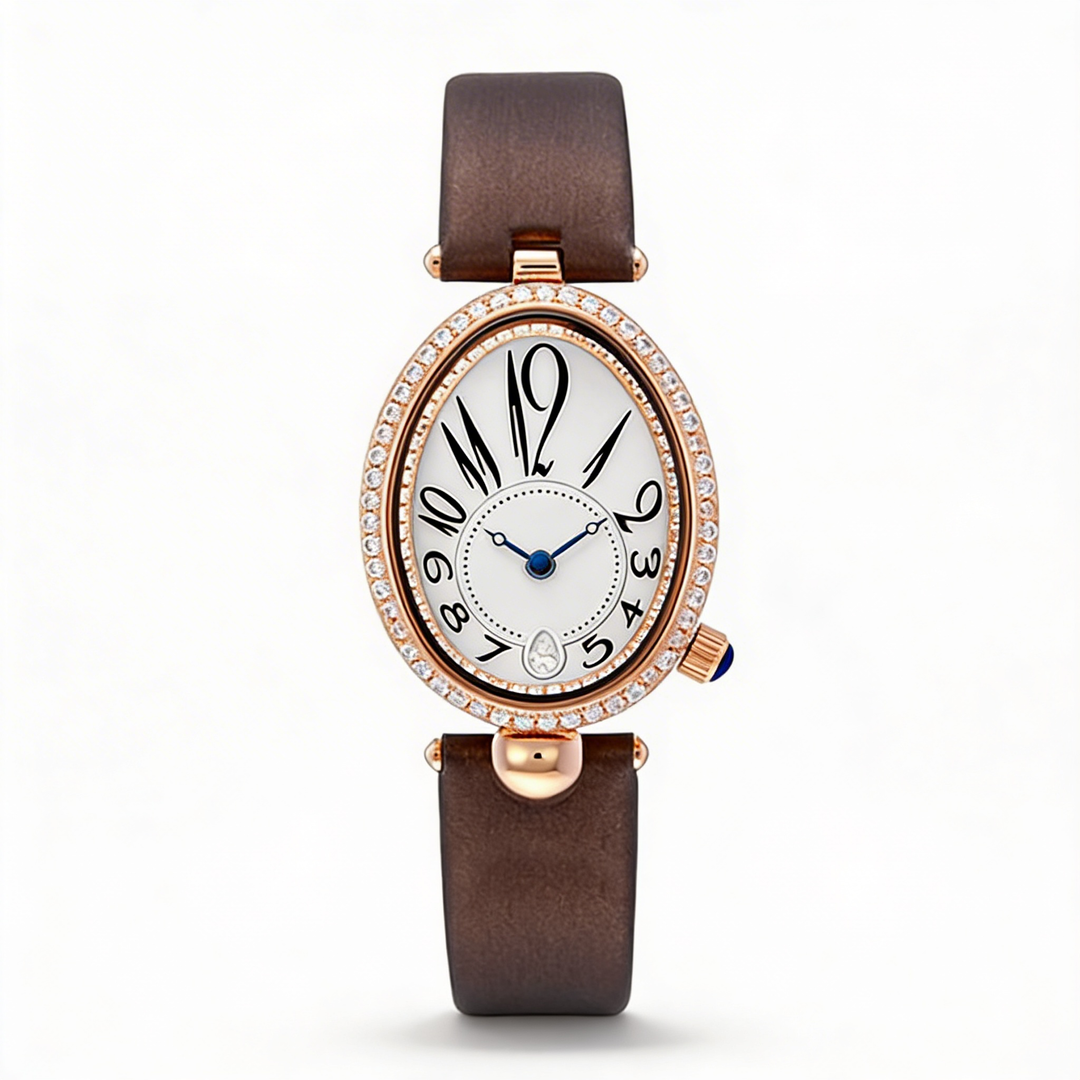 Sophisticated women's oval dial watch with a genuine leather strap. Luxury look fashion accessory for daily wear.