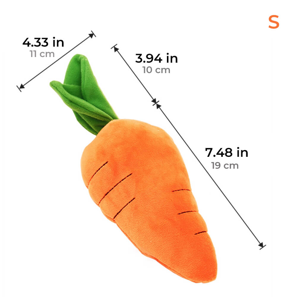 Durable carrot-shaped plush dog toy with squeaker & crinkle sound, ideal for chewing & interactive pet playtime.