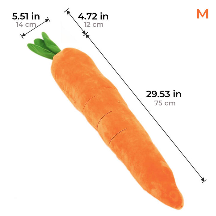 Soft plush carrot dog toy, featuring a fun squeaker & crinkle material for exciting interactive play for dogs.