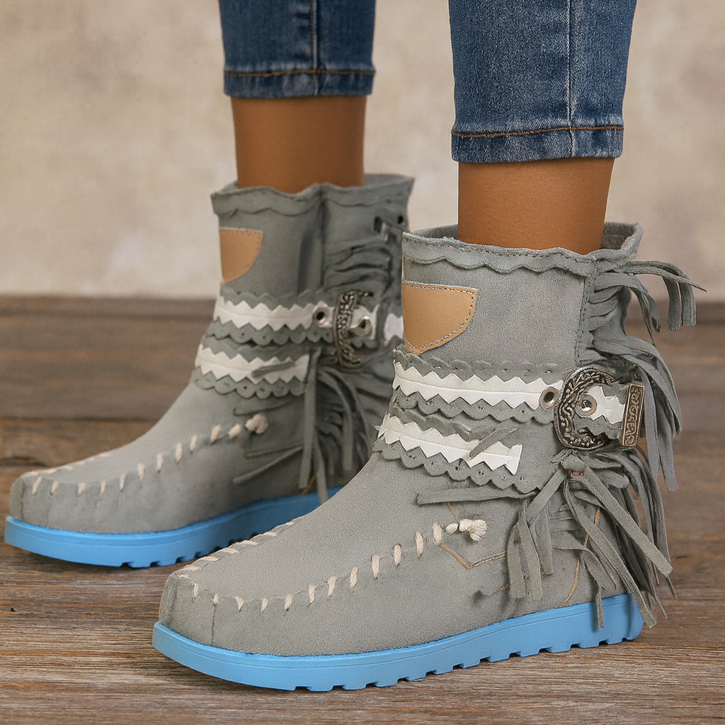 Women's gray boho western ankle boots with fringes, slip-on flat heel, comfortable & stylish for spring/summer.