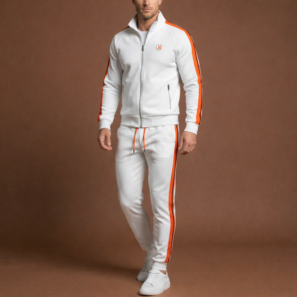 Soft men's athletic tracksuit, perfect for activewear, sportswear, or comfortable casual wear. Modern fitness gear.
