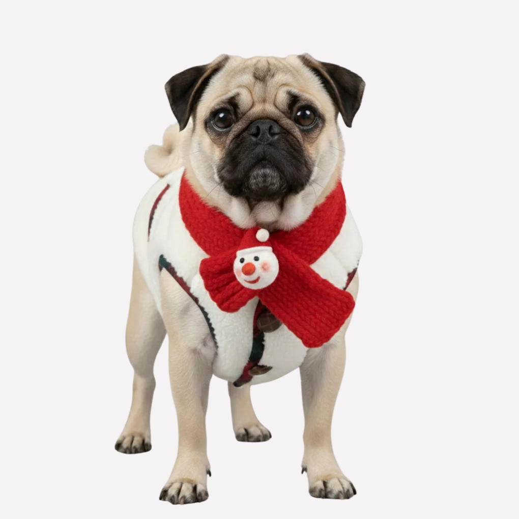 Warm plaid dog jacket & scarf set. Festive pet apparel for winter, keeping your dog cozy and stylish during holidays.