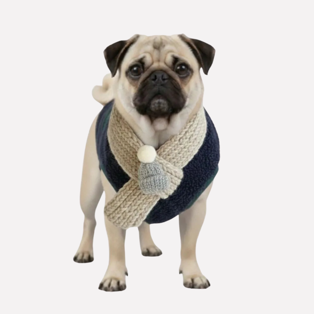 Stylish plaid dog jacket & scarf for winter. Cozy pet wear, perfect holiday pet gear to keep your dog warm and fashionable.