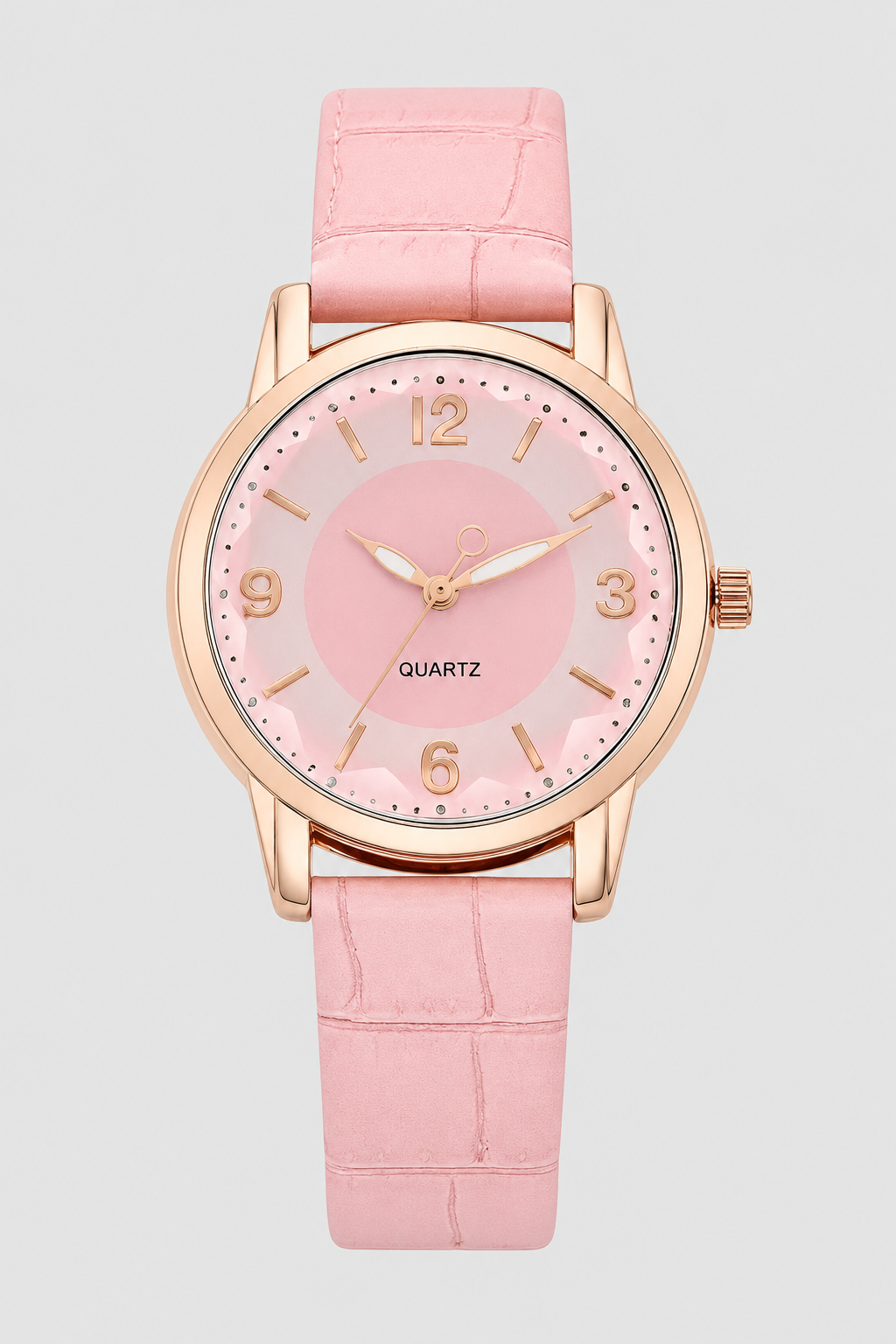 Stylish ladies' classic timepiece with a unique embossed strap and clear quartz movement display.