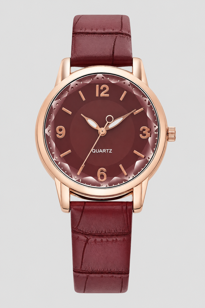Classic women's quartz watch with a chic embossed strap, an essential elegant accessory for her.