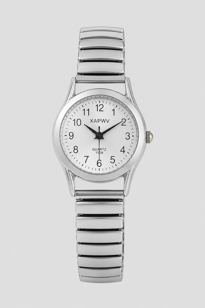 Classic unisex silver analog watch with easy-read minimalist dial and comfortable expansion band. A perfect timepiece.