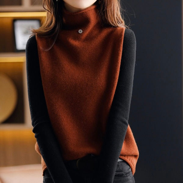 Women's stylish sleeveless turtleneck knit vest for fall layering. A chic and versatile fashion top.