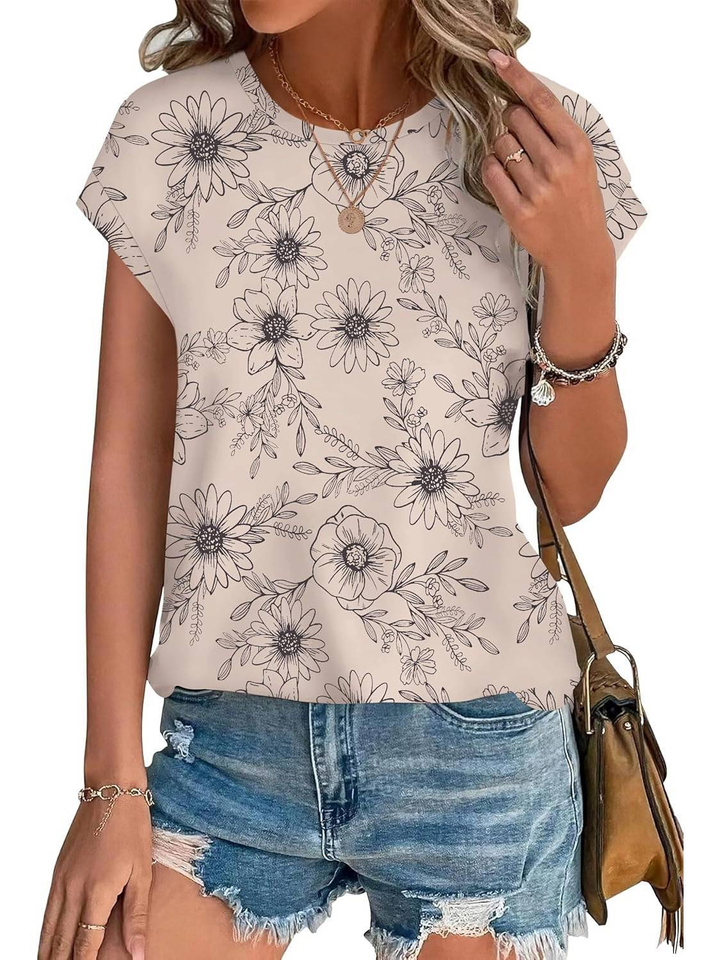 Effortless style women's top, botanical leaf design, cap sleeve, suitable for casual wear.