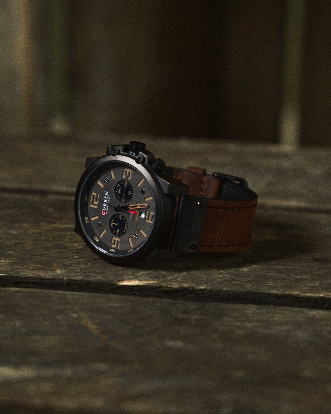 Men's elegant black dial chronograph watch with genuine leather band & silver-tone case.
