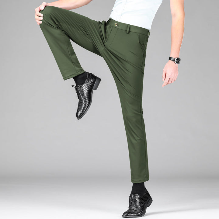 Front view of men's slim fit performance stretch pants in a versatile color.