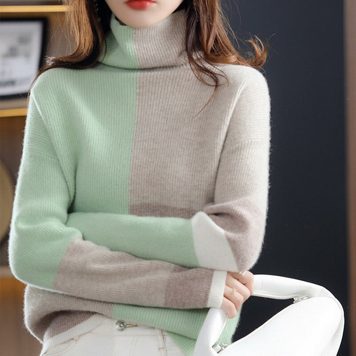 Comfortable long-sleeve women's turtleneck sweater. Stretchy knitwear for cozy fall & winter outfits.