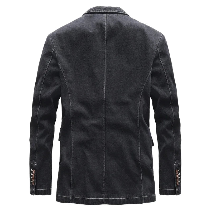 Versatile men's dark wash trucker jacket for casual wear, an essential piece of men's apparel.