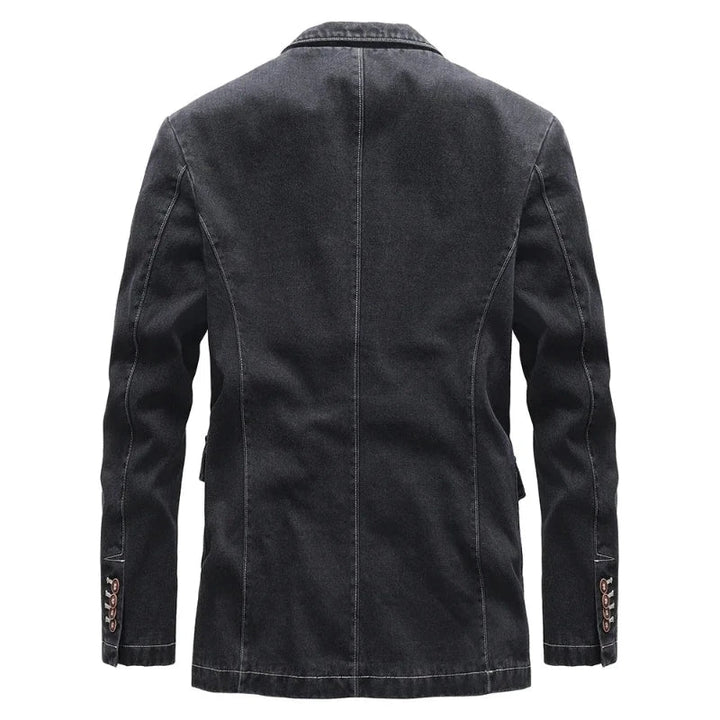 Versatile men's dark wash trucker jacket for casual wear, an essential piece of men's apparel.