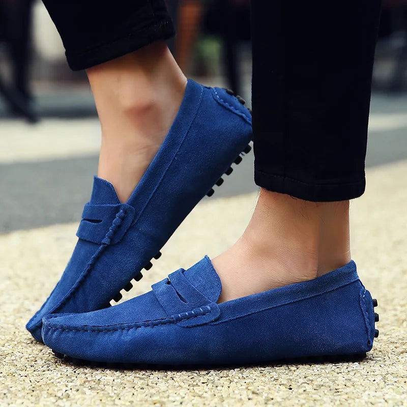 Blue Men's Maverick slip-on loafers. Stylish smart casual dress shoes for men.