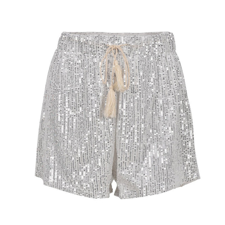 Women's shimmering silver sequin party shorts for a glamorous night out.