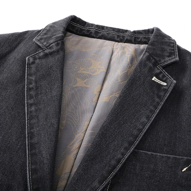 Men's dark wash trucker jacket, ideal for layering and adding a classic touch to any casual outfit.