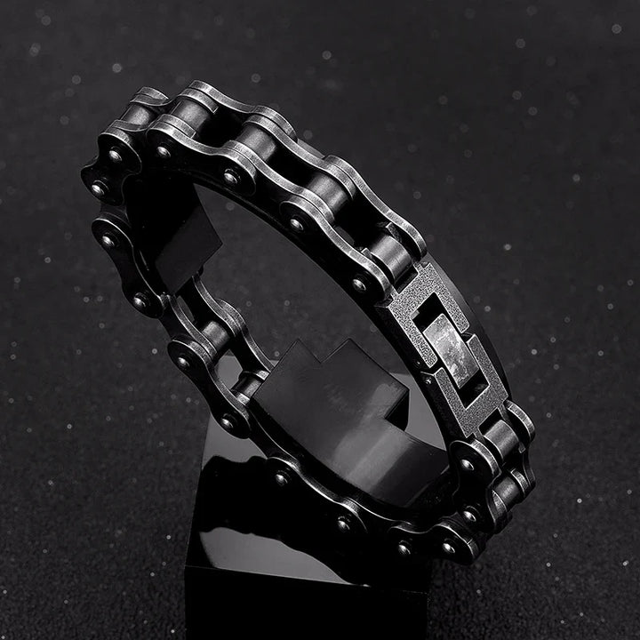 Men's vintage black stainless steel chain bracelet. Durable, stylish biker jewelry accessory, perfect gift for him.