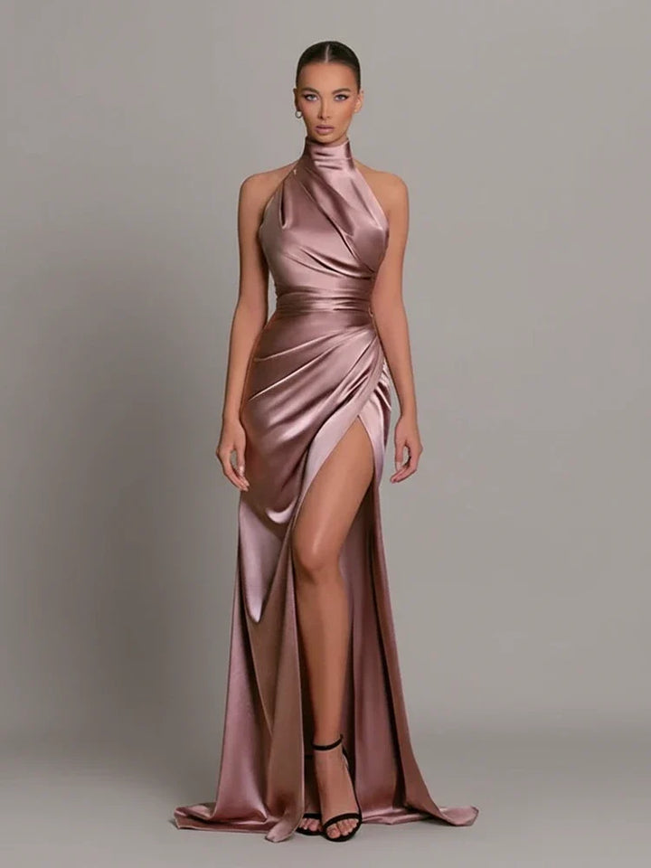 Elegant women's halter bodycon maxi dress with a stylish high slit, perfect for evening wear and formal events.
