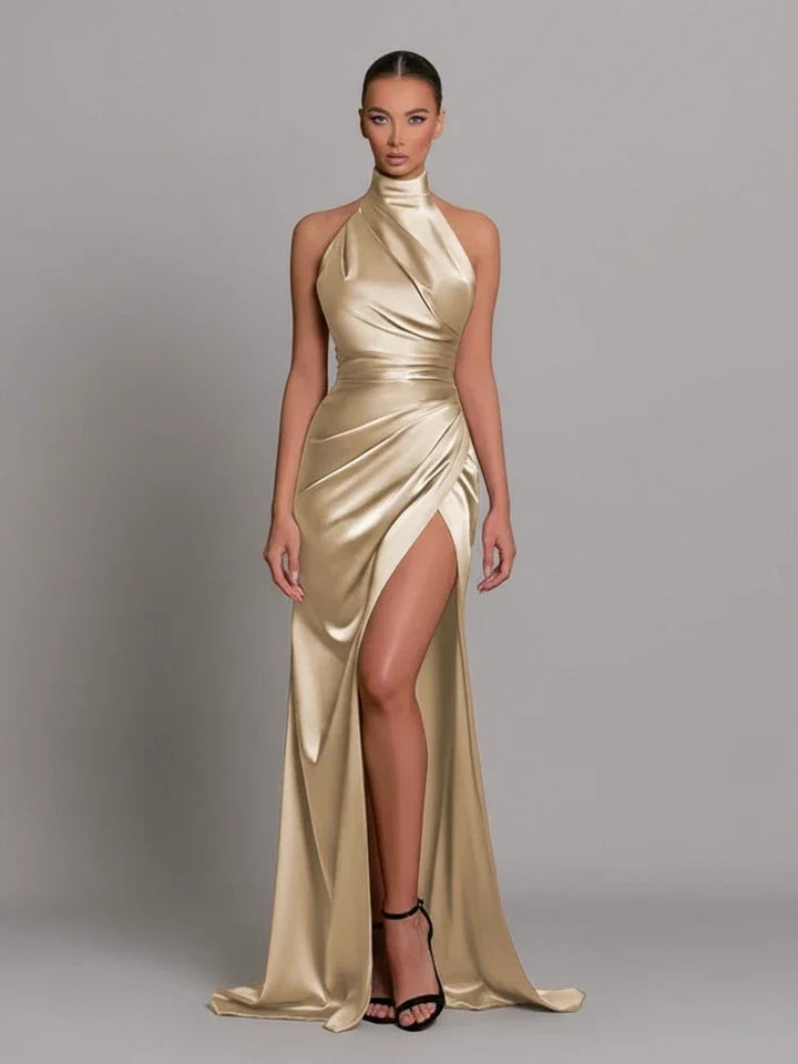Formal women's halter bodycon dress with an elegant slit, designed for sophisticated evening events.