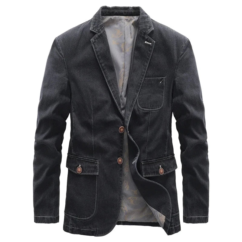 Stylish men's dark wash trucker jacket with button-front, versatile for all-season layering.