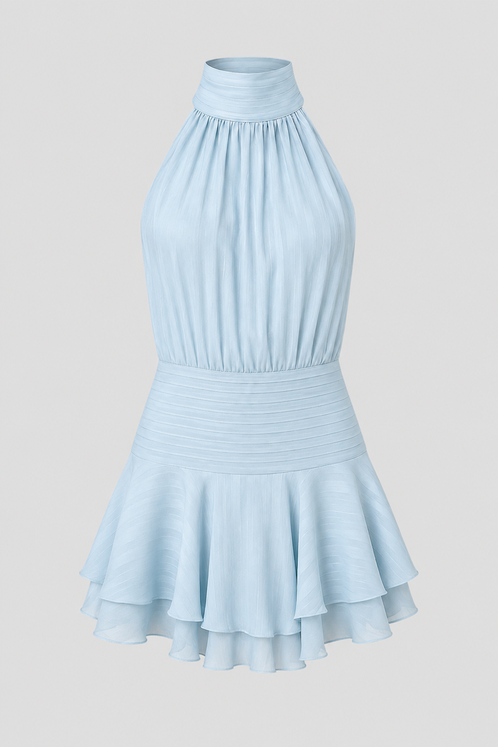 Elegant women's high-neck halter mini dress, perfect for cocktail parties & chic summer occasions.