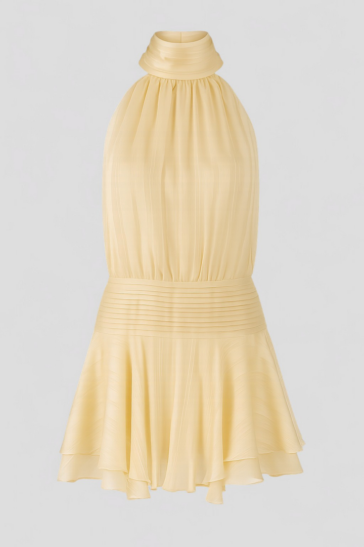 Chic women's sleeveless high-neck halter mini dress, ideal as a party or elegant occasion dress.