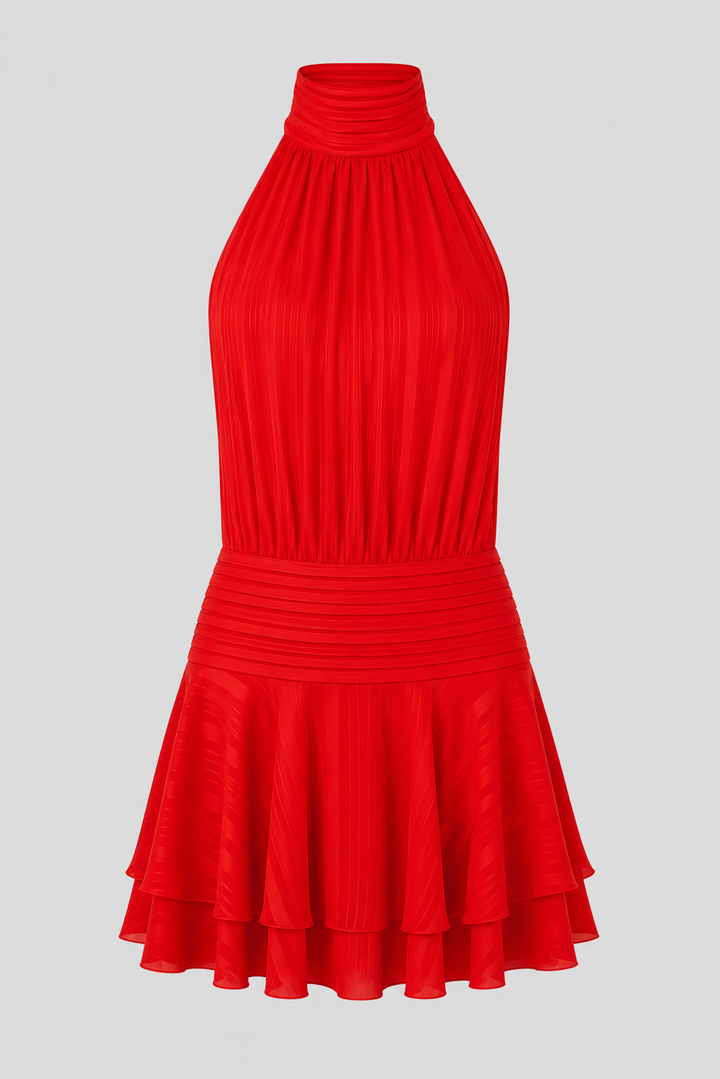 Women's high-neck halter mini dress in a sleek design, perfect for summer evening parties.