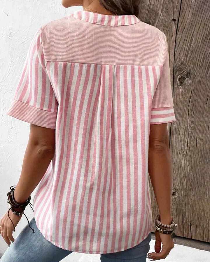 Lightweight women's striped colorblock blouse, half-button detail, ideal for summer comfort.