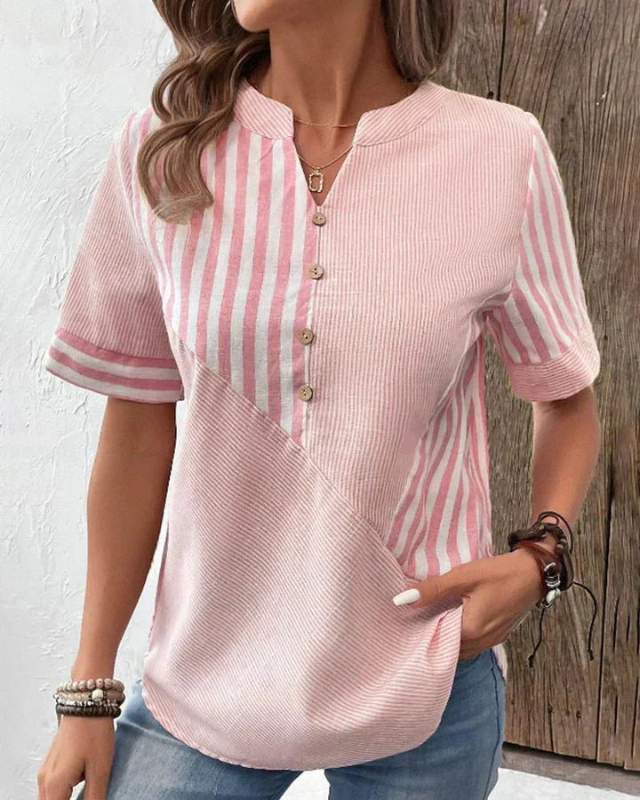 Women's striped colorblock half-button blouse, casual & elegant for versatile styling.