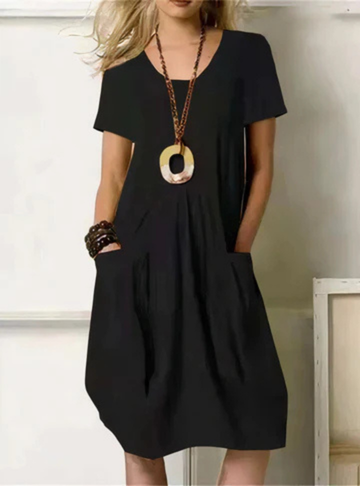 Relaxed fit women's casual midi dress with pockets and short sleeves, a versatile summer style for everyday.