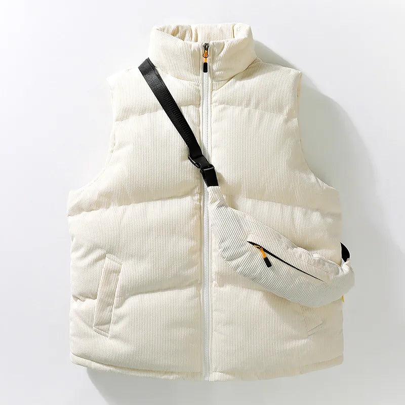 Modern men's alpine winter vest, offers warmth & sleek style. Comes with a complimentary crossbody bag.