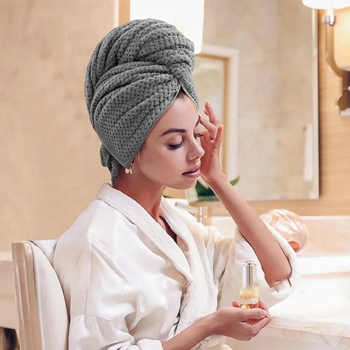 Ultra-absorbent, fast-dry microfiber hair wrap. An anti-frizz hair towel essential for beauty routines.