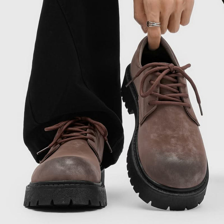 High-quality men's brown leather Derby shoes with a distinctive chunky sole, versatile formal footwear.