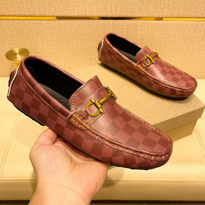 White checker pattern men's loafers, trendy slip-on casual shoes for modern men's style.