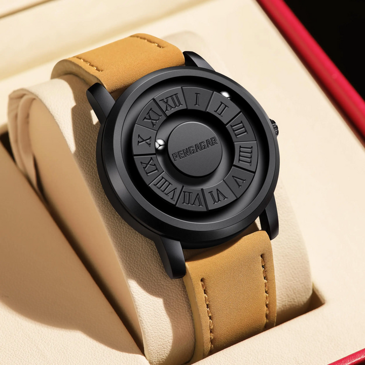 Unisex black watch with Roman numerals & unique magnetic scrolling pointers. Modern & minimalist design.