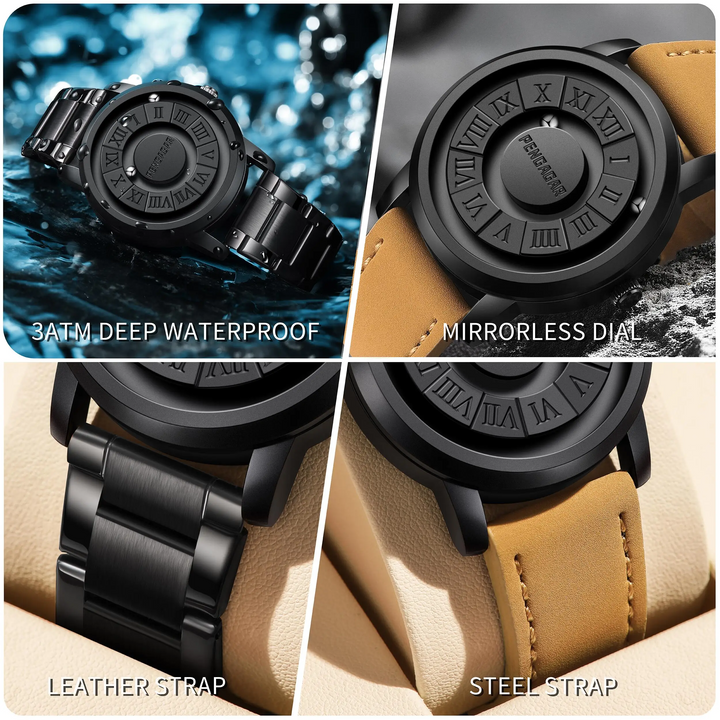 Sleek black unisex watch with a minimalist design, Roman numerals, and magnetic scrolling pointers. Fashionable.