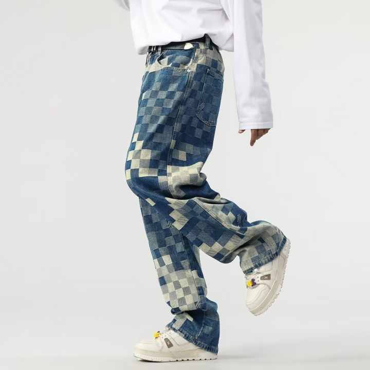 Unique pixelated mosaic denim jeans for men. Relaxed fit, comfortable straight leg design, great for casual wear.