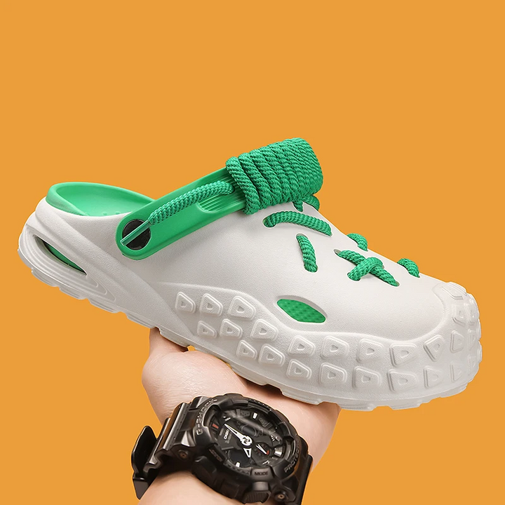 Showcasing the sleek silhouette of women's Echo Laced Clogs, ready for wear.
