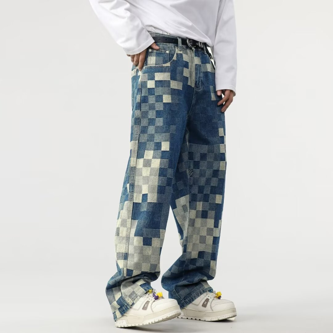 Blue men's relaxed fit mosaic jeans, featuring a distinct pixelated design and straight leg for casual style.