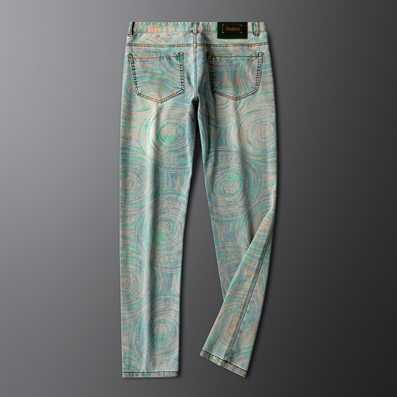 Fashionable unisex patterned denim jeans, featuring unique retro and tropical designs for a standout casual look.