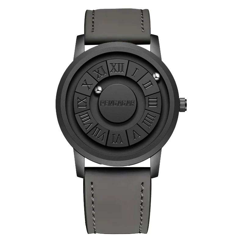 Stylish unisex black watch, minimalist aesthetic with Roman numerals & cutting-edge magnetic time display.