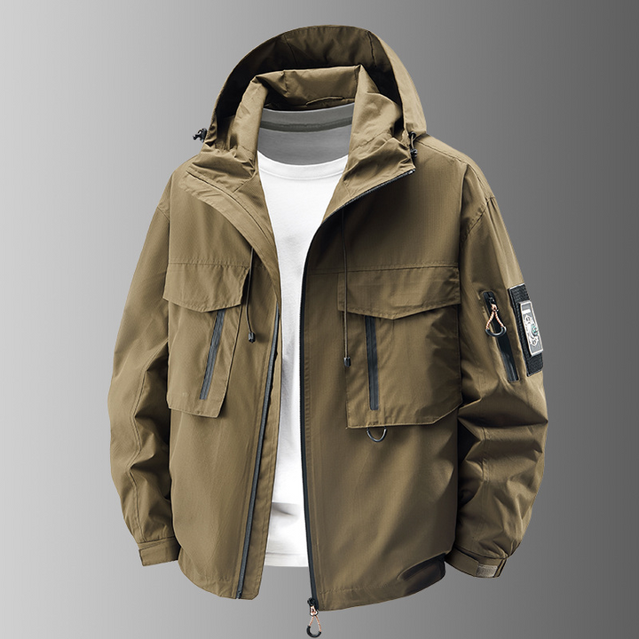Men's durable tactical jacket, all-weather performance. Lightweight design with multiple zip pockets for utility.