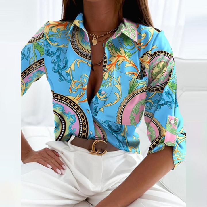 Women's dressy geometric print button-down, classic long sleeve blouse style.
