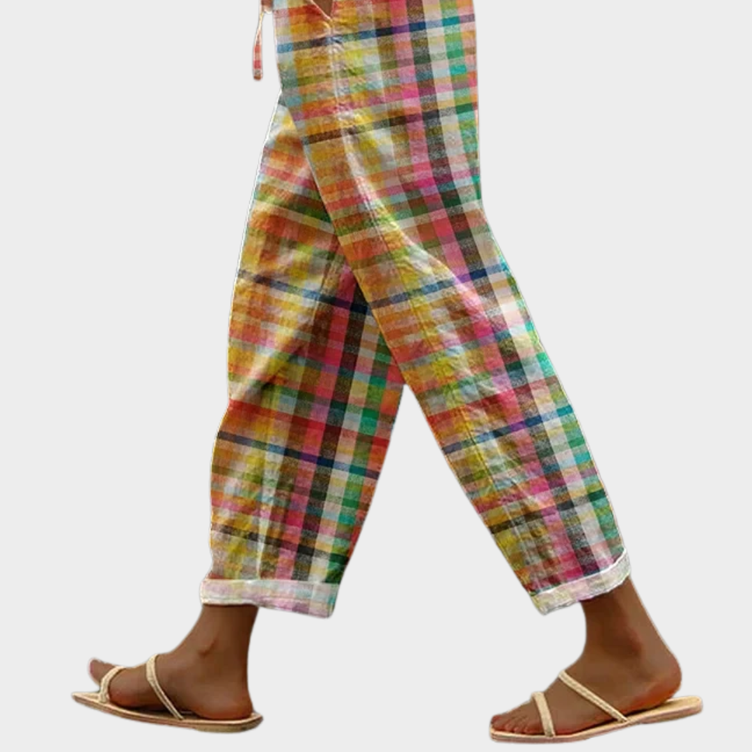 Comfortable women's multicolor checkered plaid pants with drawstring waist, ideal relaxed fit casual wear for warm weather.
